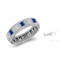 Pave Set Princess Cut Diamond & Sapphire Large Band in Platinum