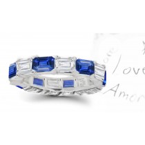 Prong Set Emerald Cut Blue Sapphire & Emerald Cut Diamond Eternity Ring in Gold