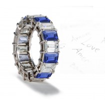 Prong Set Emerald Cut Diamond & Emerald Cut Sapphire Ring Women's