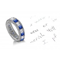 Emerald Cut Diamond & Sapphire Channel Set Sides Engraved Ring in Women's