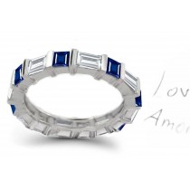 Princess Cut Sapphire & Baguette Diamond Gold Band 