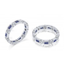 Baguette Sapphire & Round Diamond Band in 14k White Gold