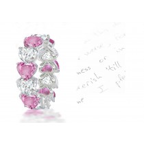14k White gold Prong Set Women's Pink Sapphire Heart & Diamond Heart Eternity Ring