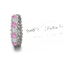 Bezel Set Heart Women's Pink Sapphire & Heart Diamond Eternity Ring in Platinum & 14k Yellow gold