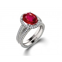 Delicate Micro Pave Halo Fiery Red Ruby and Sparkling Diamond Engagement Rings