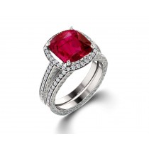 Delicate Micro Pave Halo Fiery Red Ruby and Sparkling Diamond Engagement Rings