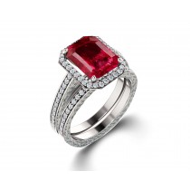 Delicate Micro Pave Halo Fiery Red Ruby and Sparkling Diamond Engagement Rings