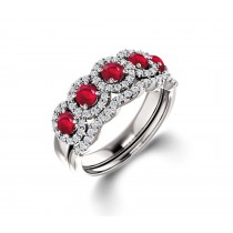 Delicate Micro Pave Halo 5 Stone Ruby and Sparkling Diamond Engagement Rings