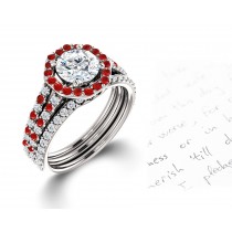 Latest Collection: Delicate Halo Micropave Ruby and Diamond Engagement Rings With Side Accents