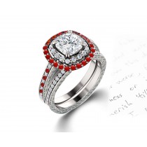 Latest Collection: Delicate Halo Micropave Ruby and Diamond Engagement Rings With Side Accents