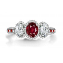 Latest Collection: Delicate Halo Micropave Ruby and Diamond Engagement Rings With Side Accents