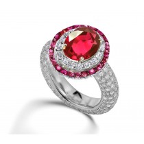 Latest Collection: Delicate Halo Micropave Ruby and Diamond Engagement Rings With Side Accents