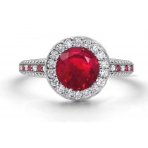 Latest Collection: Delicate Halo Micropave Ruby and Diamond Engagement Rings With Side Accents