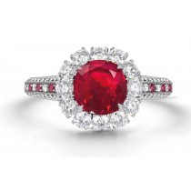 Latest Collection: Delicate Halo Micropave Ruby and Diamond Engagement Rings With Side Accents