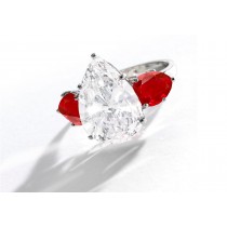 Center Pear-Shaped Diamond & Pear-Shaped Side Rubies Three Stone Engagement Rings