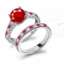 Ruby Has Many Names: Classy Platinum Deeply Saturated Top Hoisted Red Ruby & Diamond Ring & Side Stones Band. View Images from Top & Below