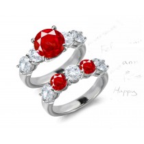 Individual and Unique: Perfect Blood Red Simple 5 Side Stone Round Ruby & Diamond Ring + 5 Side Stone Diamond Ruby Womens Wedding Band