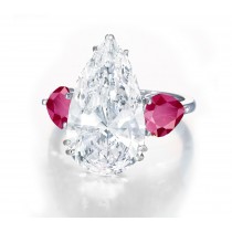 Center Pear-Shaped Diamond & Heart-Shaped Side Rubies Three Stone Engagement Rings