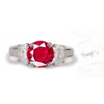 Variety of Styles: View 3 Stone Round Fine Ruby & Shield Cut Side Stones Framed Brilliant Diamond Ring Most Surely Secured in 14k White Gold