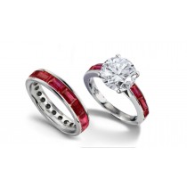 Made To Order: Luscious Round Cut Brilliant Diamond Placed on top of Ruby Baguette Accents Ring + Worn With Matching Band View All