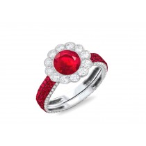 Center Round Ruby & Round Diamonds One-Of-A-Kind Engagement & Right Hand Rings