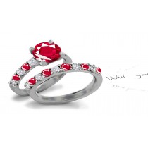 Various Designs: Fine Jewelry! Dark-Hue Deep Red July Birthstone Ruby & Round Gems & Diamond Modern Engagement Accents Ring & Wedding Band