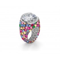 Center Round Diamond & Multi-Colored Side Rubies, Sapphires Three Stone Engagement Rings