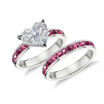 Handcrafted Heart Diamond & Round Rubies Engagement & Wedding Rings Set