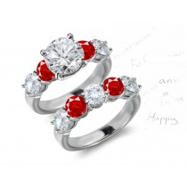 July Birthstone Ruby Ring Jewelry: Finely Crafted Brilliant Round Diamond atop Shared Prong Loop with Alternating Diamonds & Boiling Hot Rubies