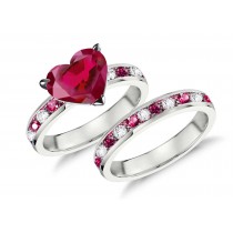 Handcrafted Heart Diamond & Round Rubies Engagement & Wedding Rings Set