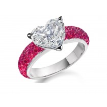 Handcrafted Delicate Heart Diamond & Micro Pave Halo Brilliant Cut Round Rubies Ring