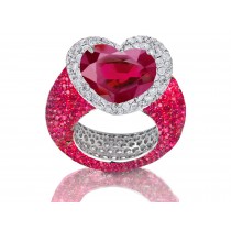 Handcrafted Delicate Heart Ruby & Micro Pave Halo Brilliant Cut Round Diamonds Ring