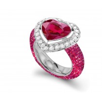 Handcrafted Delicate Heart Ruby & Micro Pave Halo Brilliant Cut Round Diamonds Ring