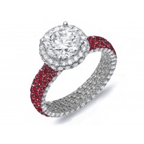 Custom Delicate French Pave Halo Diamonds & Red Rubies Accent Rings