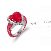 Made to Order Halo Pave Round Diamonds & Heart Shaped Ruby Rings