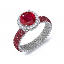 Custom Delicate French Pave Halo Diamonds & Red Rubies Accent Rings