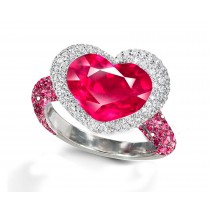 Ring with Heart Ruby & Pave Set Rubies & White Diamonds in Gold or Platinum