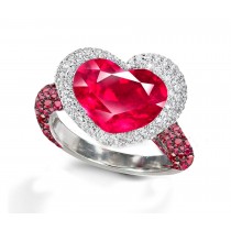 Ring with Heart Ruby & Pave Set Rubies & White Diamonds in Gold or Platinum