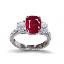 Three Stone Ring with Oval Ruby & White Diamond Accents in Gold or Platinum