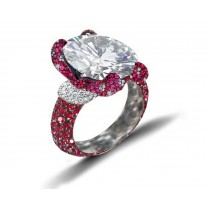 Ring with Round Diamond & Pave Set Rubies & White Diamonds in Gold or Platinum