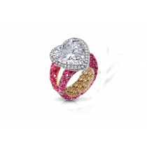 Ring with Heart Diamond & Pave Set Rubies & White Diamonds in Gold or Platinum