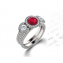 Delicate Micro Pave Halo Fiery Red Ruby and Sparkling Diamond Engagement Rings