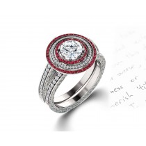 Delicate Micro Pave Halo Fiery Red Ruby and Sparkling Diamond Engagement Rings