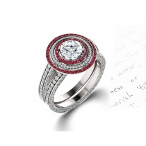 Delicate Micro Pave Halo Fiery Red Ruby and Sparkling Diamond Engagement Rings