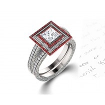 Delicate Micro Pave Halo Fiery Red Ruby and Sparkling Diamond Engagement Rings