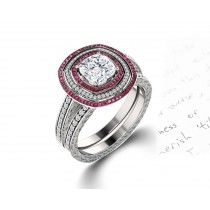 Delicate Micro Pave Halo Fiery Red Ruby and Sparkling Diamond Engagement Rings