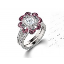 Delicate Micro Pave Halo Flower Ruby and Sparkling Diamond Engagement Rings
