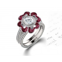 Delicate Micro Pave Halo Flower Ruby and Sparkling Diamond Engagement Rings