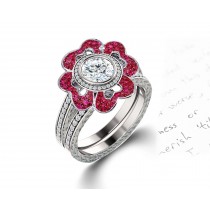 Delicate Micro Pave Halo Flower Ruby and Sparkling Diamond Engagement Rings