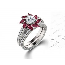 Delicate Micro Pave Halo Flower Ruby and Sparkling Diamond Engagement Rings